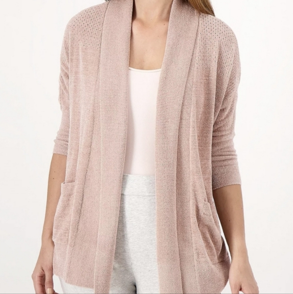 Barefoot dreams cozy chic ultra light pointelle cardi 3/4 dolman sleeve pink